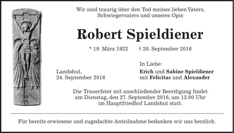 Traueranzeige Robert Spieldiener
