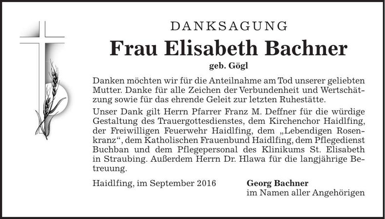 Traueranzeige Elisabeth Bachner