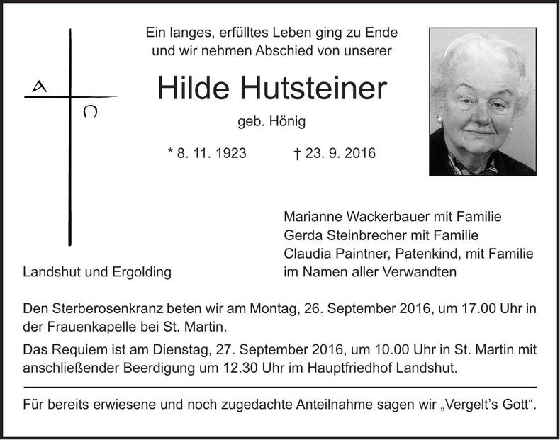Traueranzeige Hilde Hutsteiner