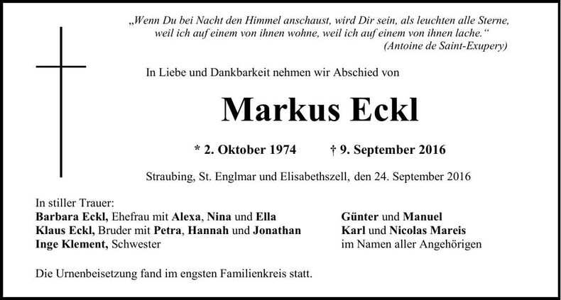Traueranzeige Markus Eckl