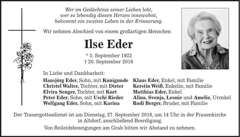 Traueranzeige Ilse Eder