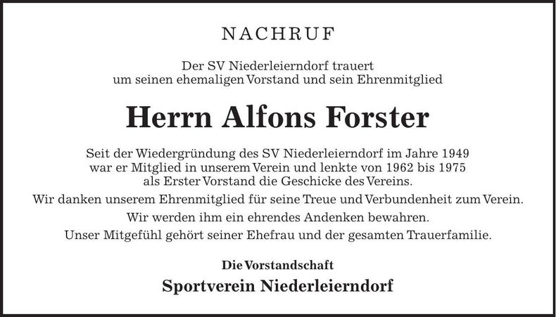 Traueranzeige Alfons Forster