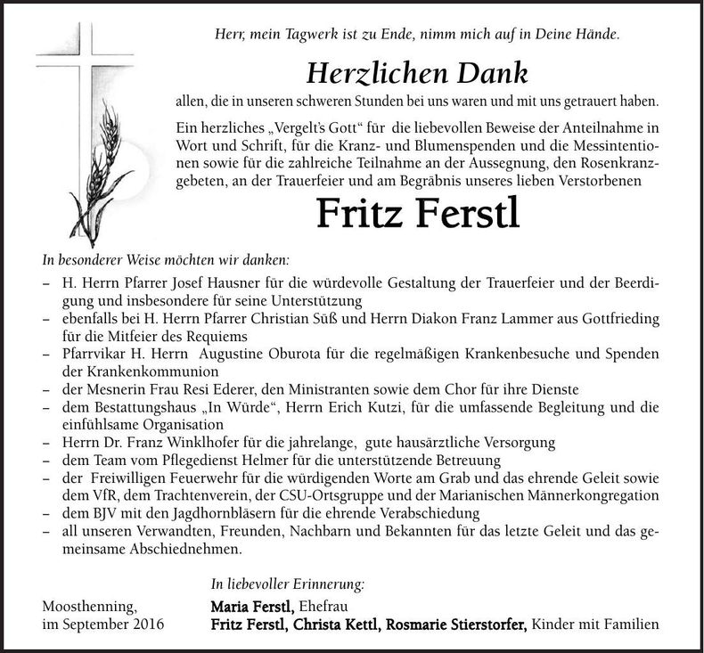 Traueranzeige Fritz Ferstl