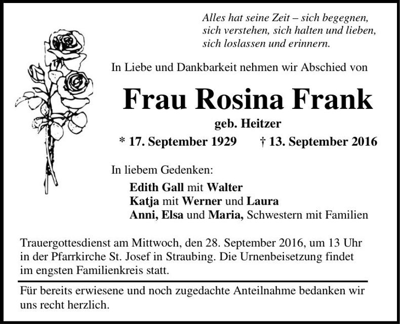 Traueranzeige Rosina Frank