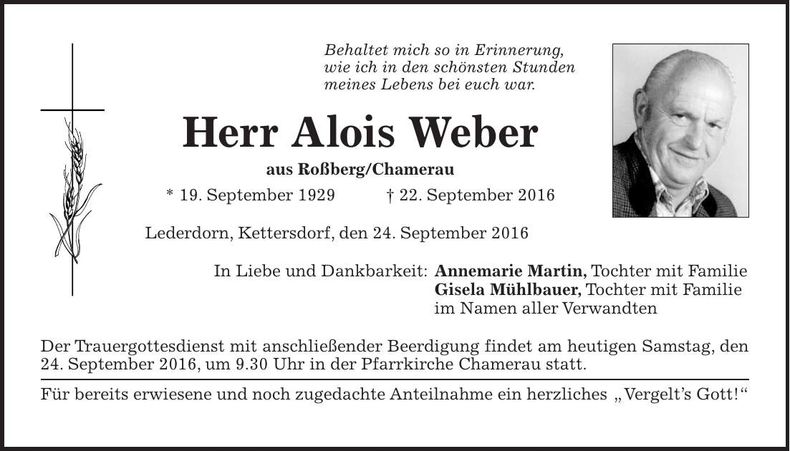 Traueranzeige Alois Weber