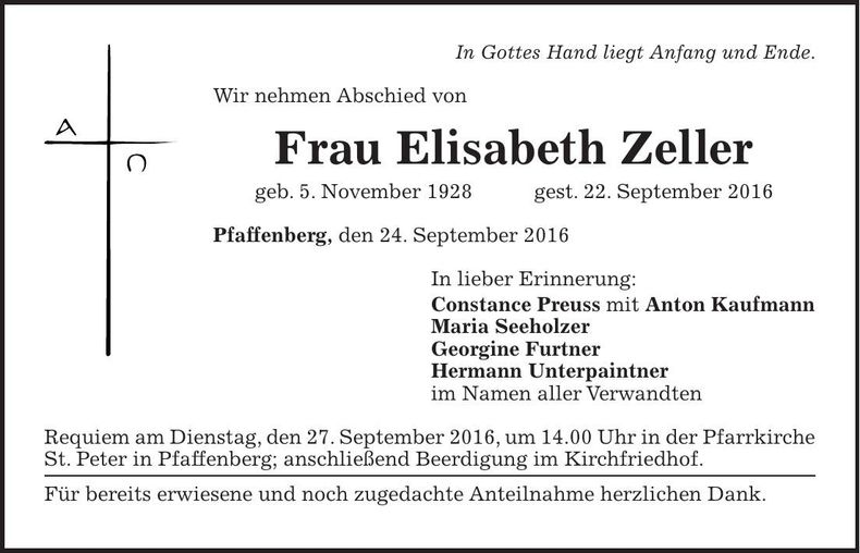 Traueranzeige Elisabeth Zeller