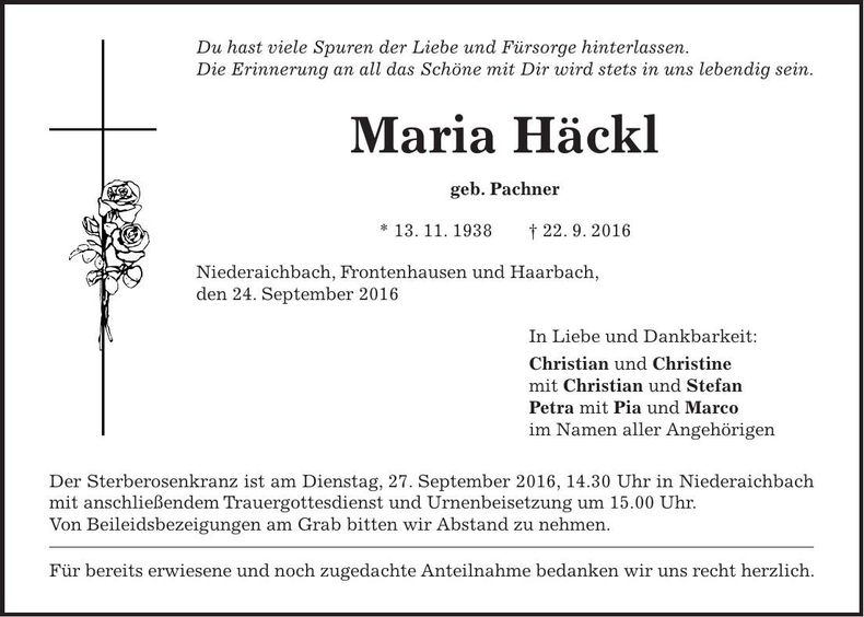 Traueranzeige Maria Häckl