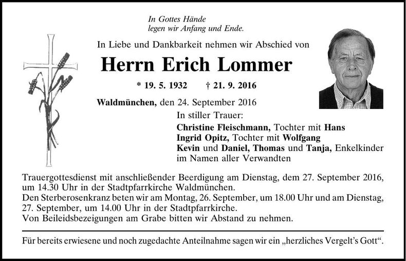 Traueranzeige Erich Lommer