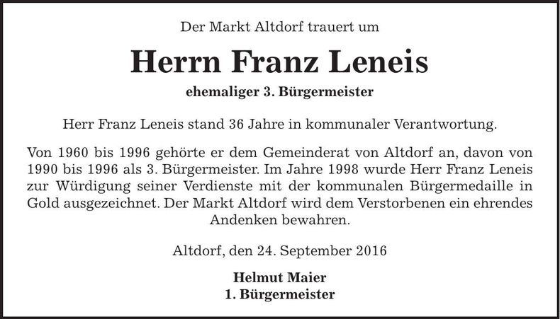 Traueranzeige Franz Leneis
