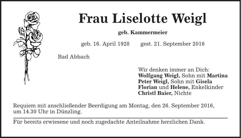 Traueranzeige Lieselotte Weigl