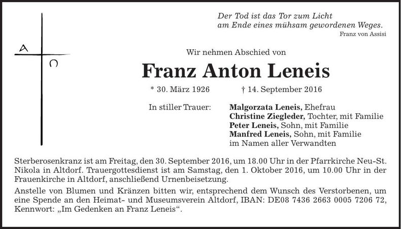 Traueranzeige Franz Anton Leneis