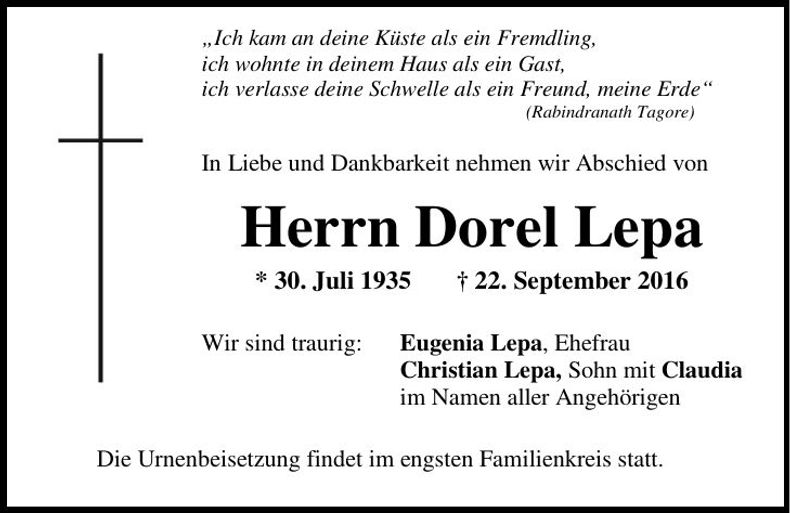 Traueranzeige Dorel Lepa
