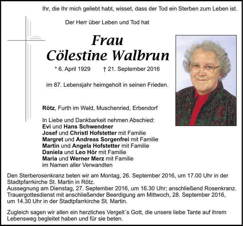 Traueranzeige Cölestine Walbrun