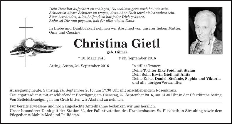 Traueranzeige Christina Gietl