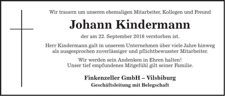 Traueranzeige Johann Kindermann