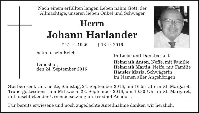 Traueranzeige Johann Harlander