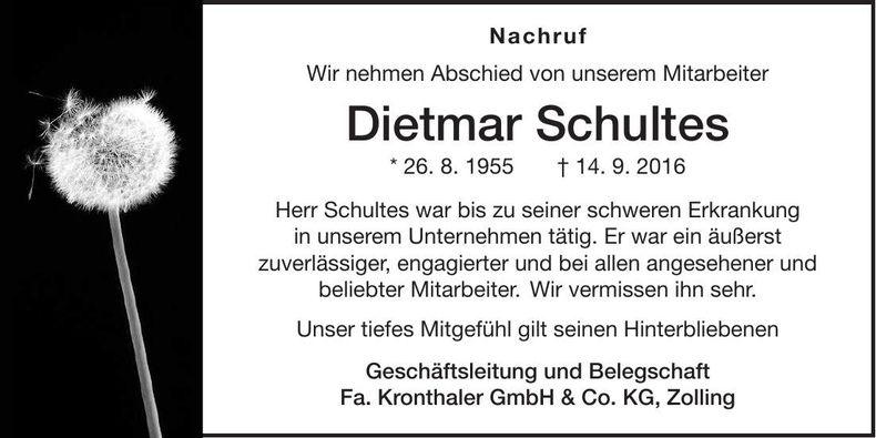 Traueranzeige Dietmar Schultes