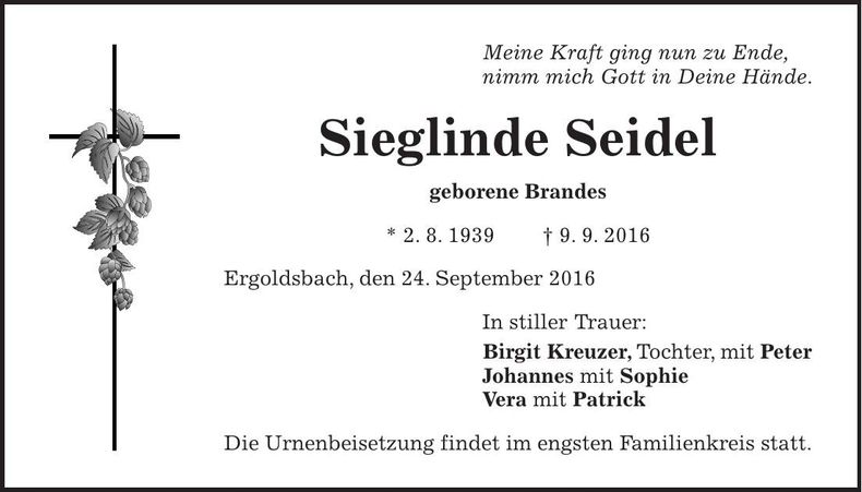Traueranzeige Sieglinde Seidel