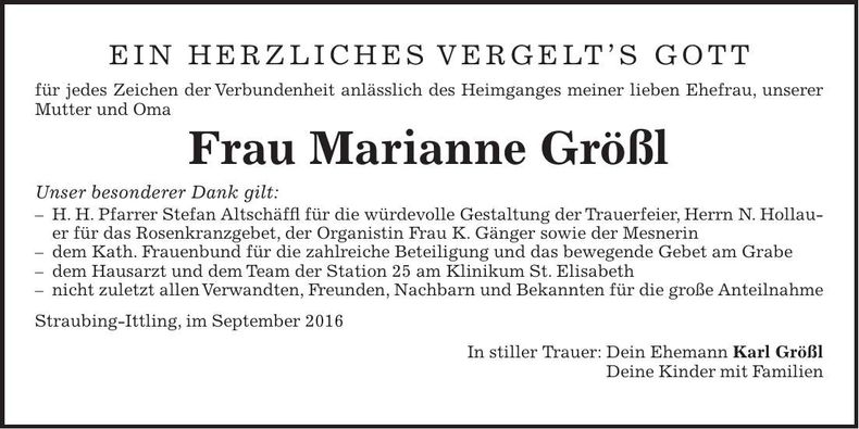 Traueranzeige Marianne Größl