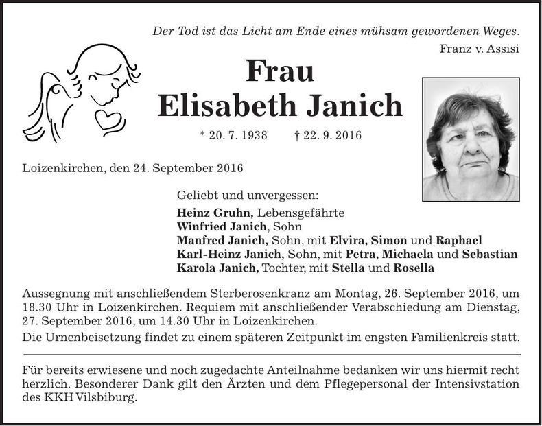 Traueranzeige Elisabeth Janich