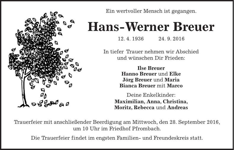 Traueranzeige Hans-Werner Breuer