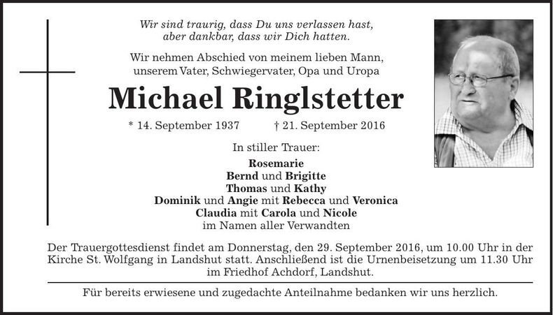 Traueranzeige Michael Ringlstetter
