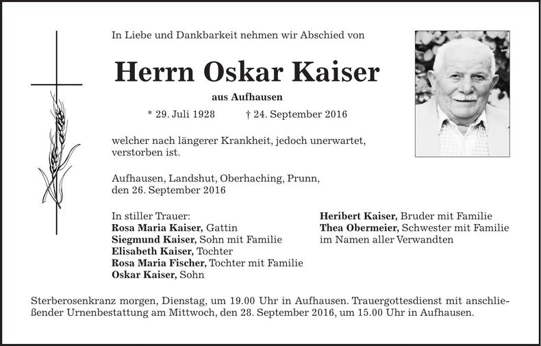 Traueranzeige Oskar Kaiser