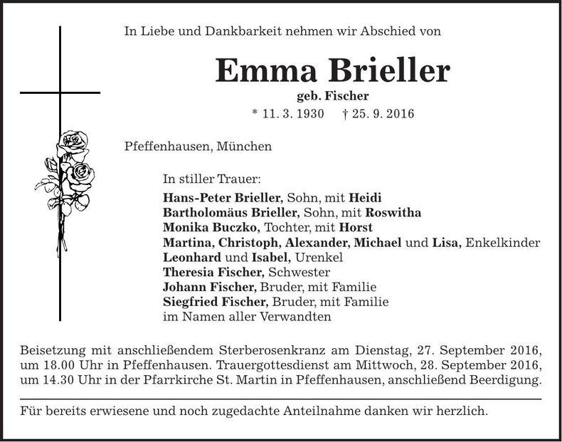Traueranzeige Emma Brieller