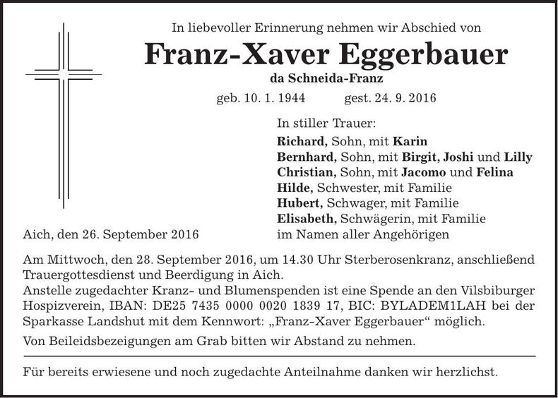 Traueranzeige Franz-Xaver Eggerbauer
