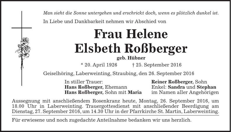Traueranzeige Elsbeth Roßberger