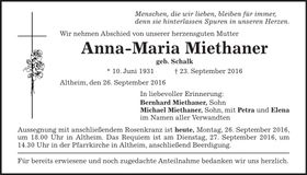 Traueranzeige Anna Maria Miethaner