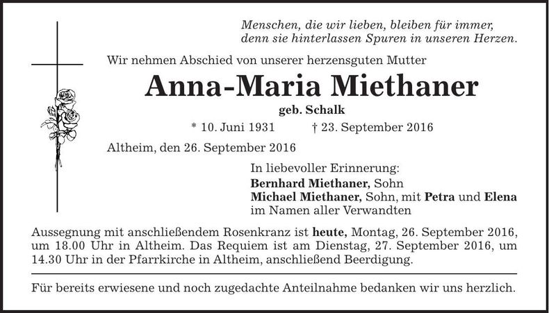 Traueranzeige Anna Maria Miethaner