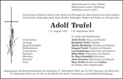 Traueranzeige Adolf Teufel