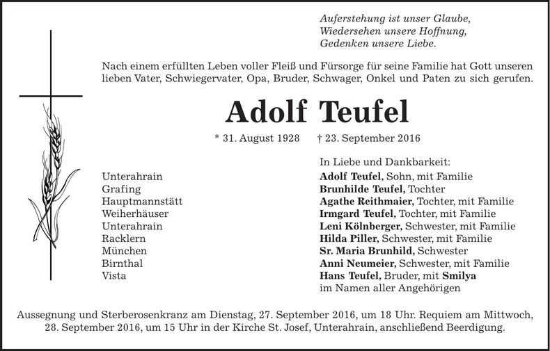 Traueranzeige Adolf Teufel