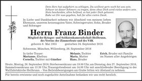 Traueranzeige Franz Binder