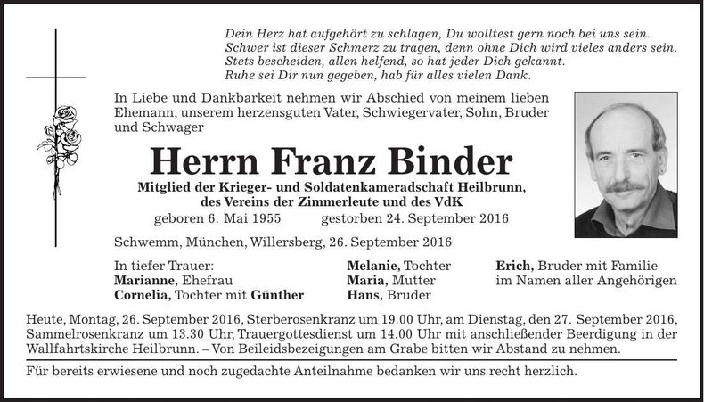 Traueranzeige Franz Binder