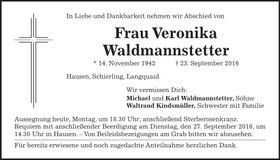 Traueranzeige Veronika Waldmannstetter