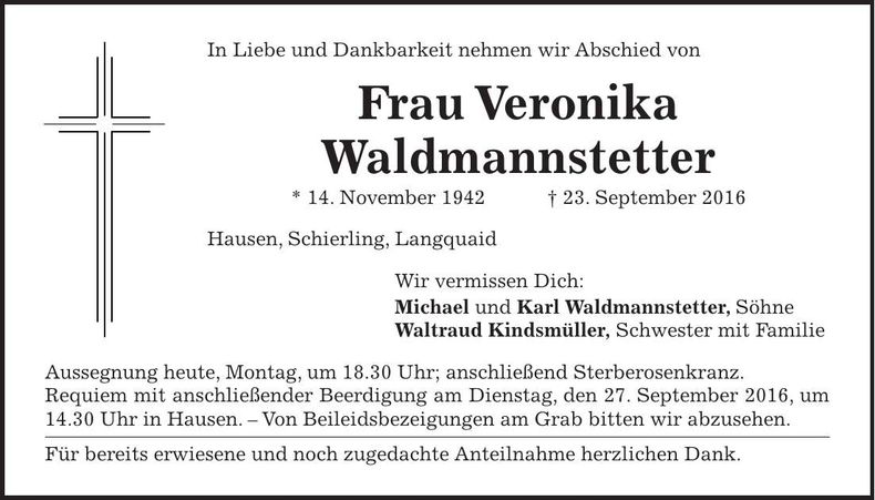Traueranzeige Veronika Waldmannstetter