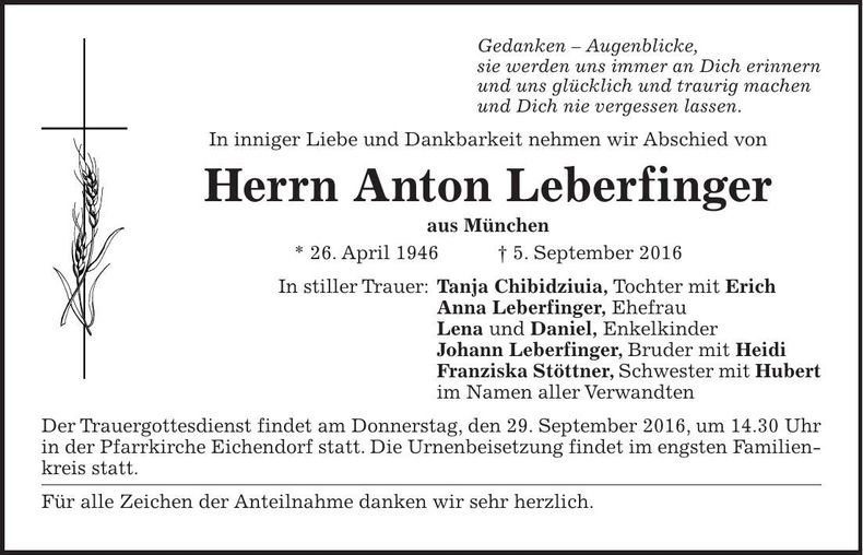 Traueranzeige Anton Leberfinger