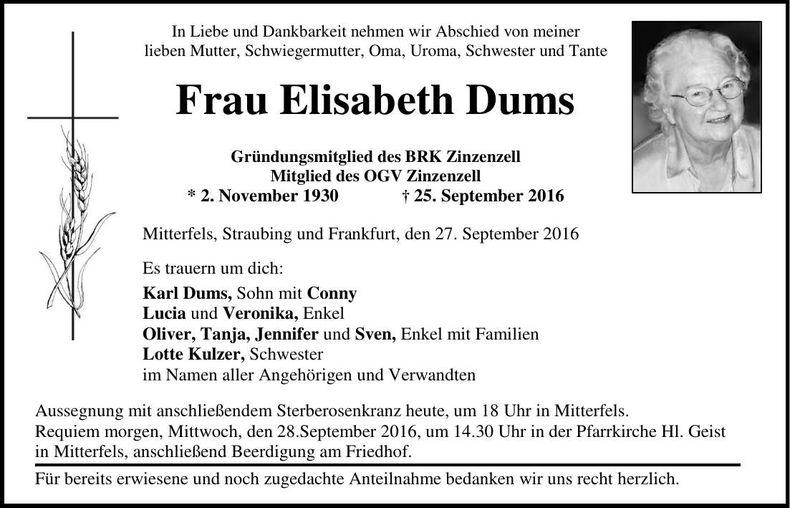 Traueranzeige Elisabeth Dums