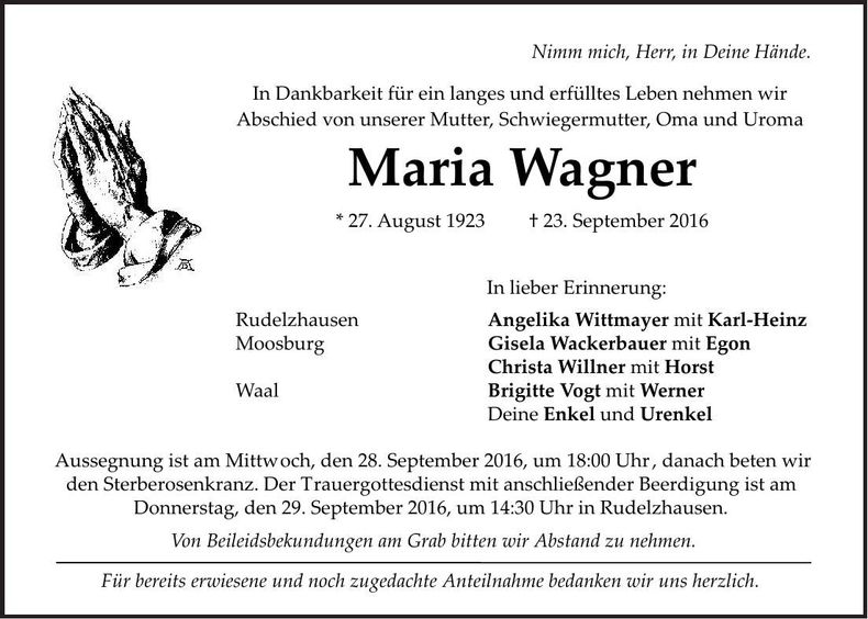 Traueranzeige Maria Wagner