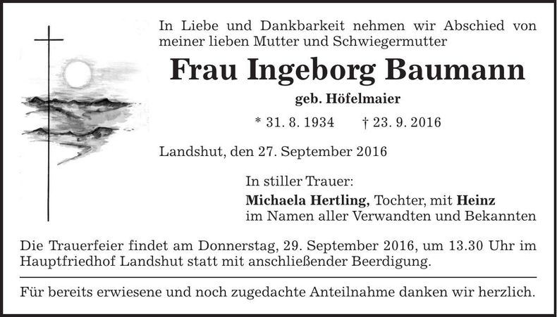 Traueranzeige Ingeborg Baumann