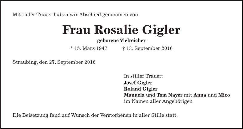 Traueranzeige Rosalie Gigler