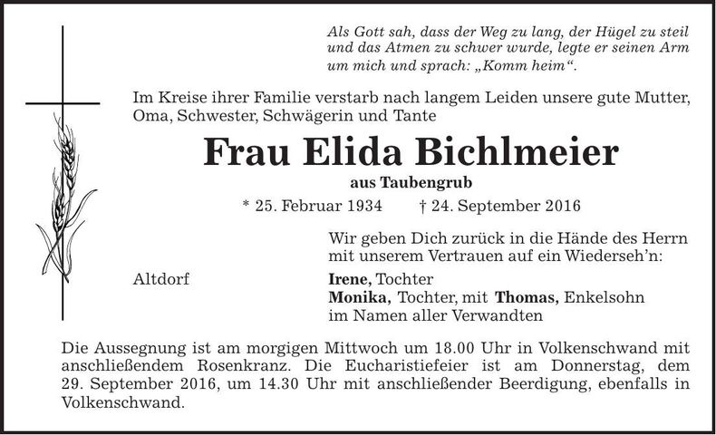 Traueranzeige Elida Bichlmeier
