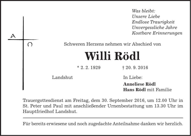 Traueranzeige Willi Rödl