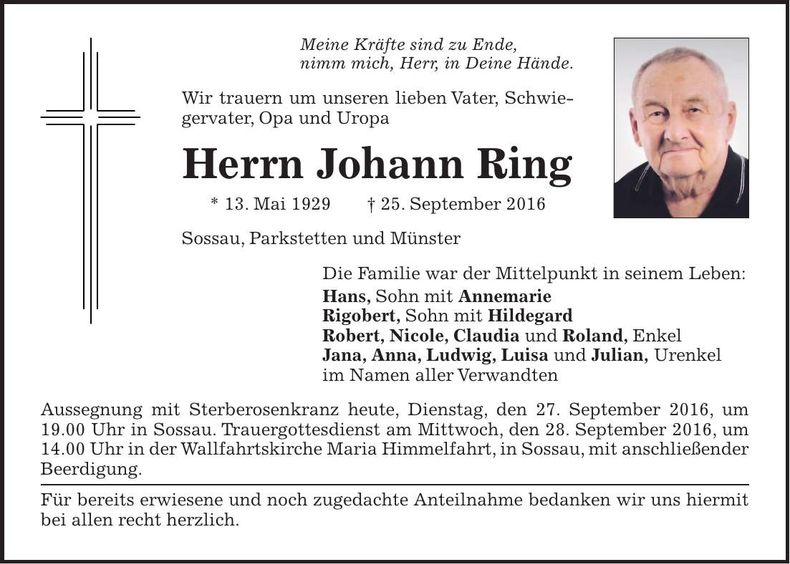 Traueranzeige Johann Ring