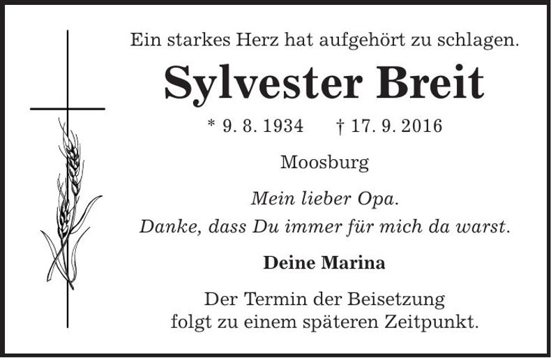Traueranzeige Breit Sylvester