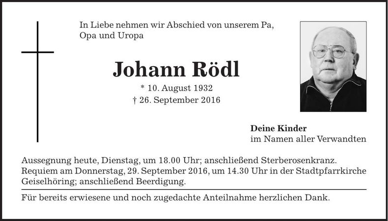 Traueranzeige Johann Rödl
