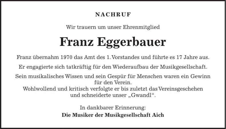 Traueranzeige Franz Eggerbauer
