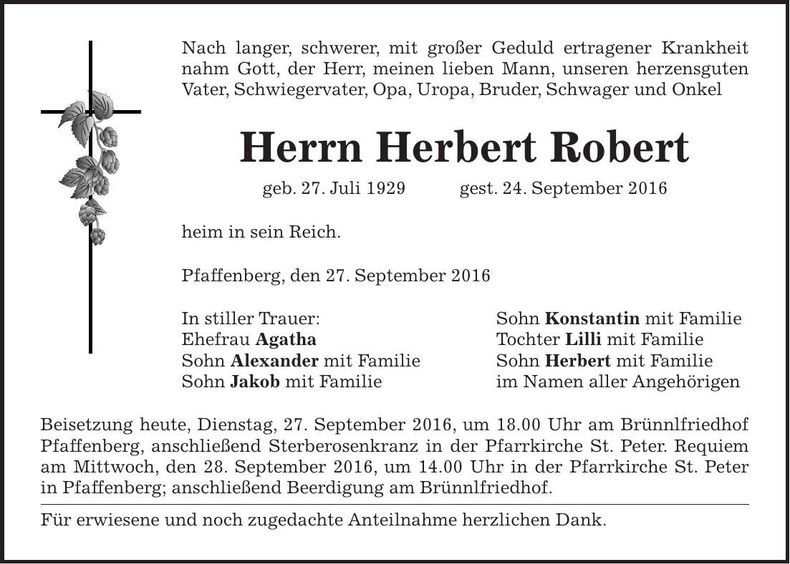Traueranzeige Herbert Robert